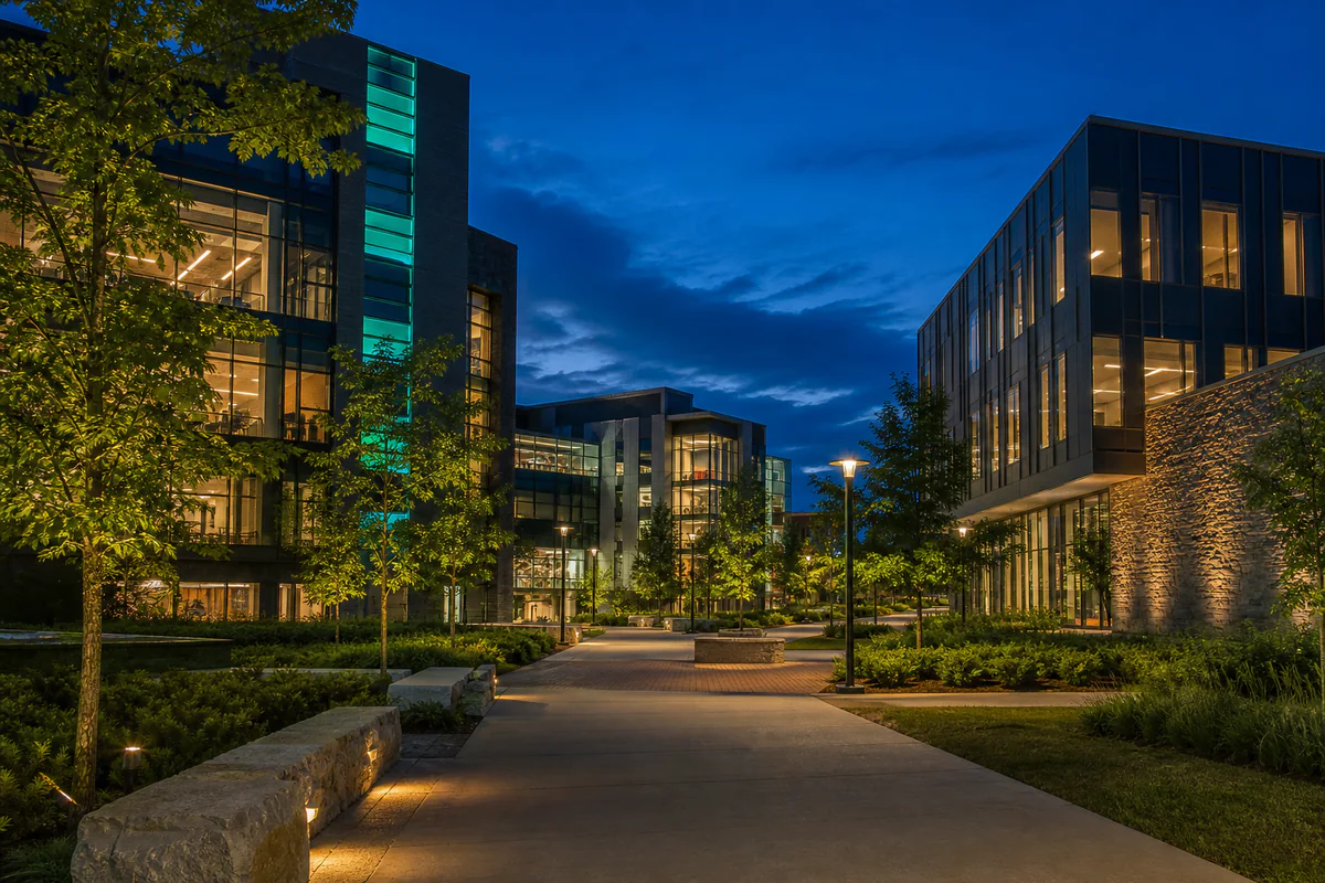 University campus buildings and walkways illuminated at blue hour