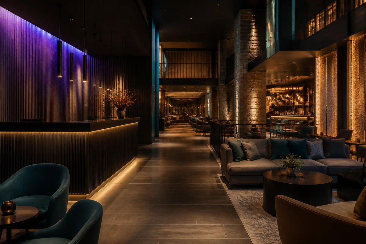 Mixed-use hospitality lobby with layered amber, teal, and violet lighting